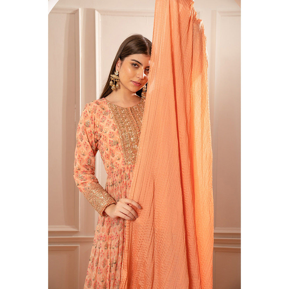 RIYAASAT Bright Peach Printed Gota Patti Organza Anarkali with Pant and Dupatta (Set of 3)