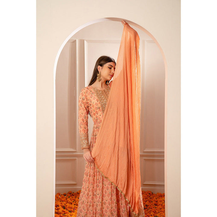 RIYAASAT Bright Peach Printed Gota Patti Organza Anarkali with Pant and Dupatta (Set of 3)