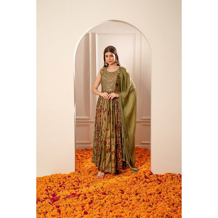 RIYAASAT Mehendi Green Silk Mirror Embellishment Anarkali with Pant and Dupatta (Set of 3)