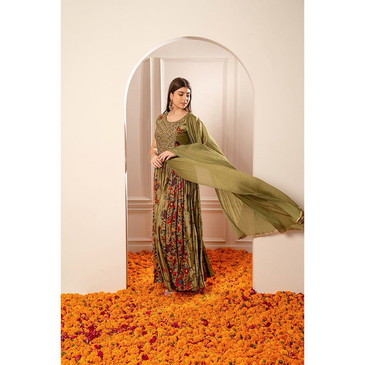 RIYAASAT Mehendi Green Silk Mirror Embellishment Anarkali with Pant and Dupatta (Set of 3)