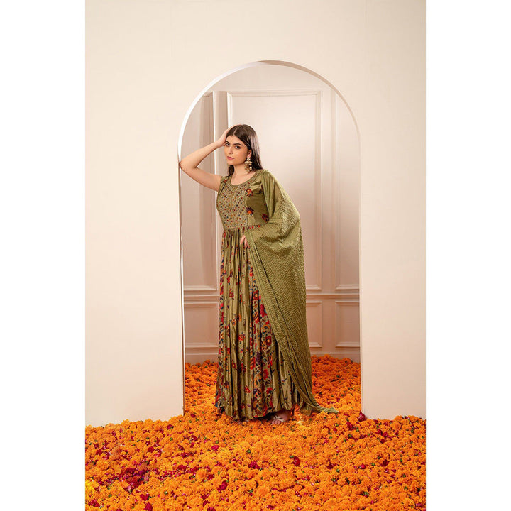 RIYAASAT Mehendi Green Silk Mirror Embellishment Anarkali with Pant and Dupatta (Set of 3)