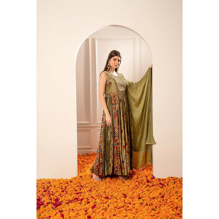 RIYAASAT Mehendi Green Silk Mirror Embellishment Anarkali with Pant and Dupatta (Set of 3)