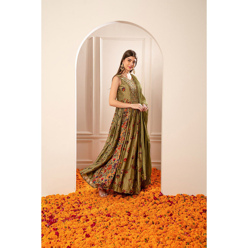 RIYAASAT Mehendi Green Silk Mirror Embellishment Anarkali with Pant and Dupatta (Set of 3)