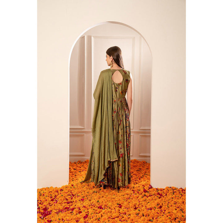 RIYAASAT Mehendi Green Silk Mirror Embellishment Anarkali with Pant and Dupatta (Set of 3)