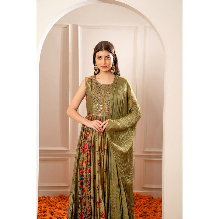 RIYAASAT Mehendi Green Silk Mirror Embellishment Anarkali with Pant and Dupatta (Set of 3)