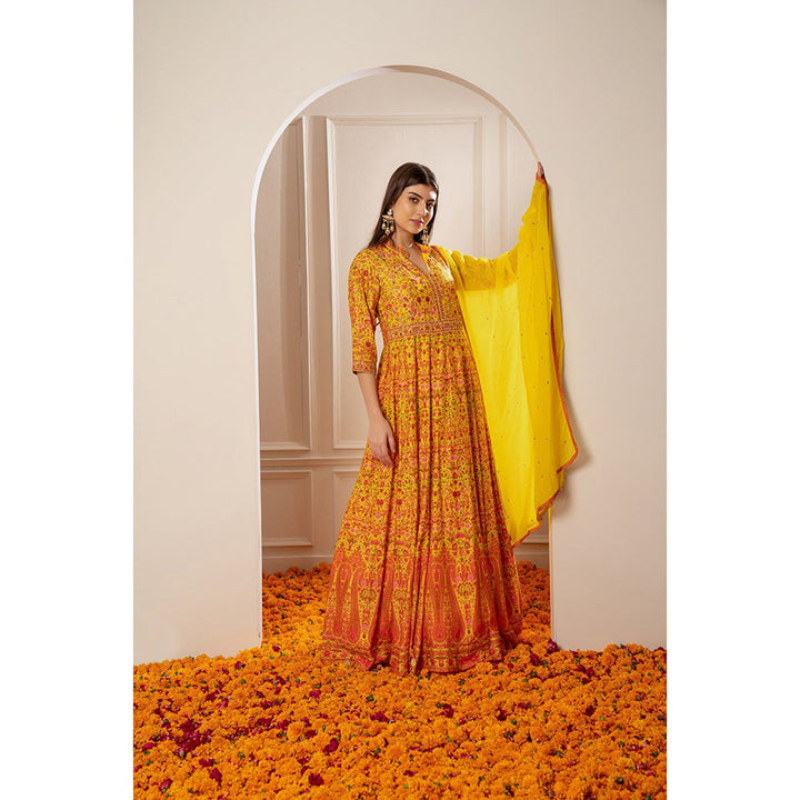 RIYAASAT Sunflower Yellow Semi Silk Printed Anarkali with Pant and Dupatta (Set of 3)