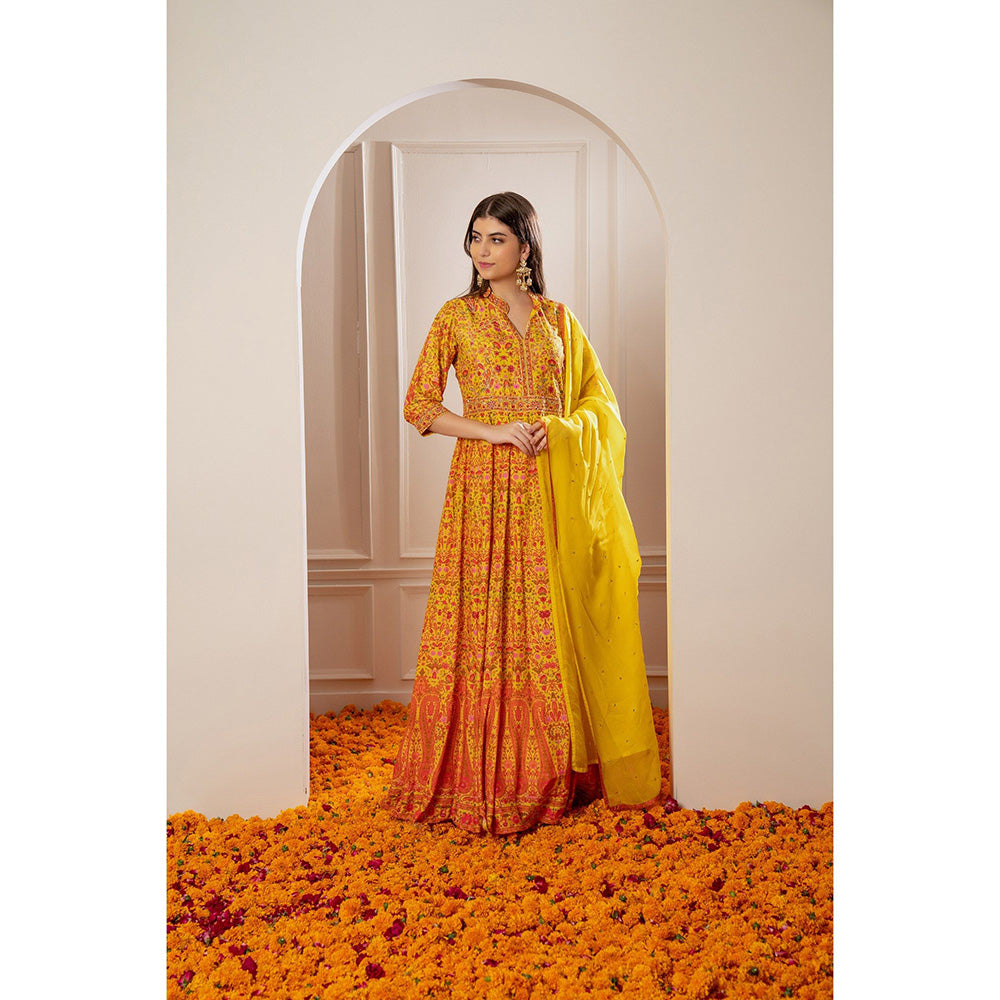 RIYAASAT Sunflower Yellow Semi Silk Printed Anarkali with Pant and Dupatta (Set of 3)