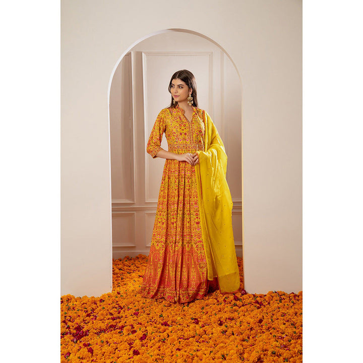 RIYAASAT Sunflower Yellow Semi Silk Printed Anarkali with Pant and Dupatta (Set of 3)