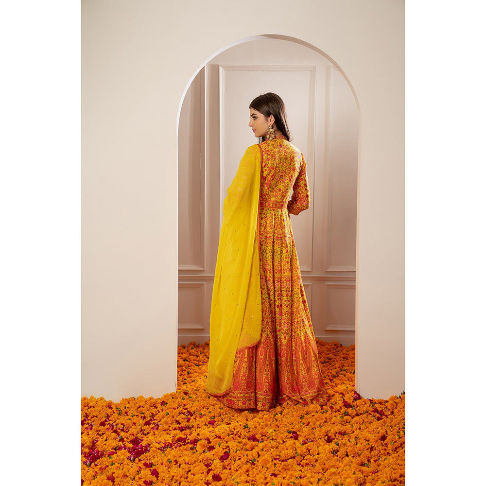 RIYAASAT Sunflower Yellow Semi Silk Printed Anarkali with Pant and Dupatta (Set of 3)