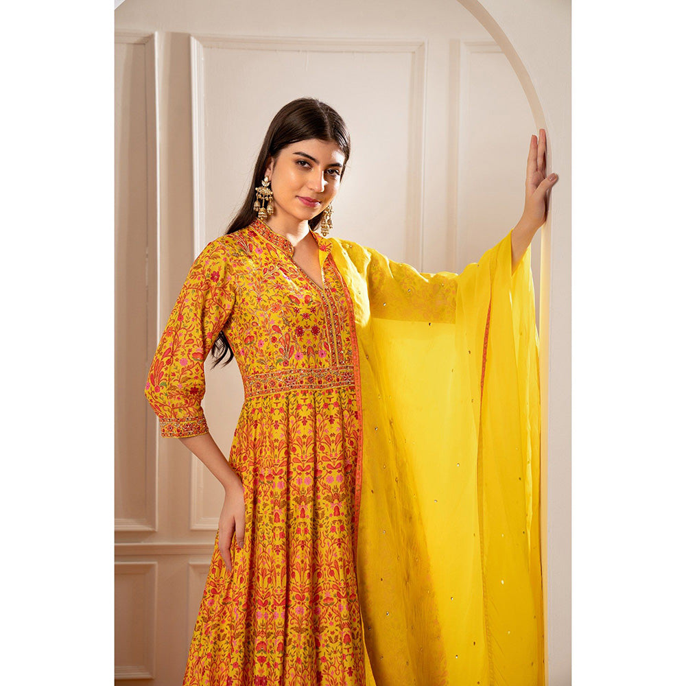 RIYAASAT Sunflower Yellow Semi Silk Printed Anarkali with Pant and Dupatta (Set of 3)