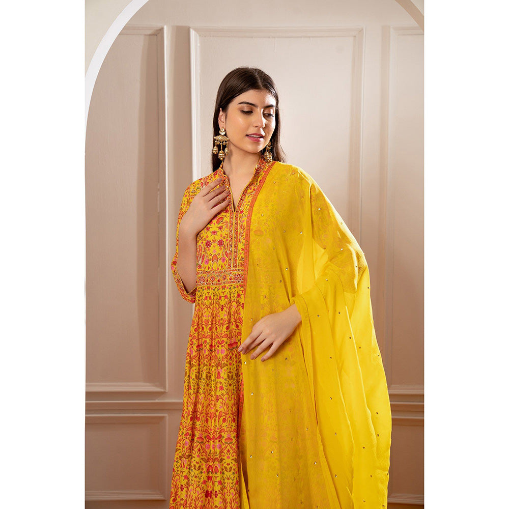 RIYAASAT Sunflower Yellow Semi Silk Printed Anarkali with Pant and Dupatta (Set of 3)