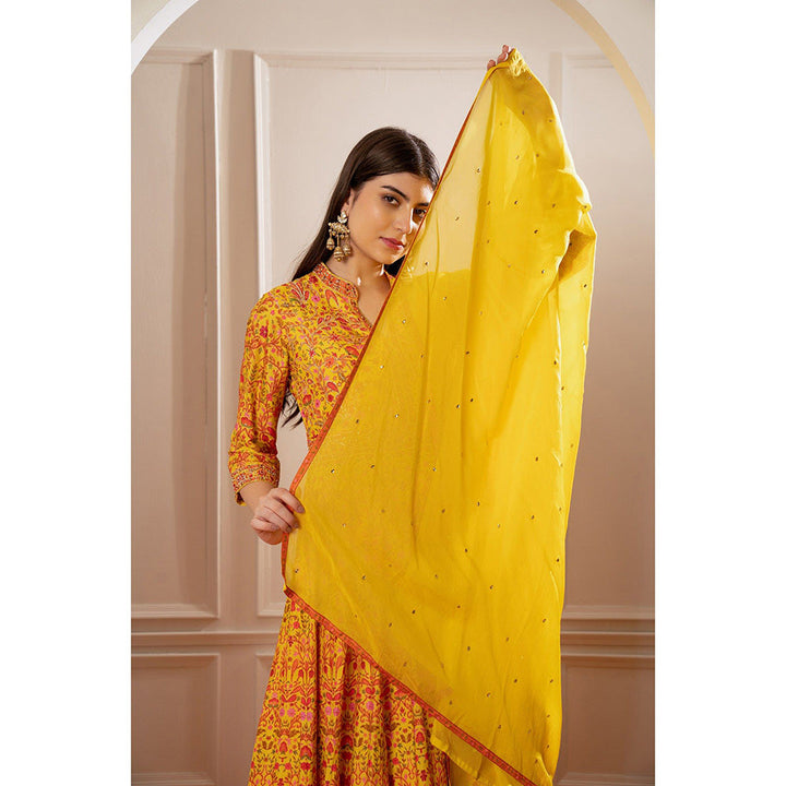 RIYAASAT Sunflower Yellow Semi Silk Printed Anarkali with Pant and Dupatta (Set of 3)