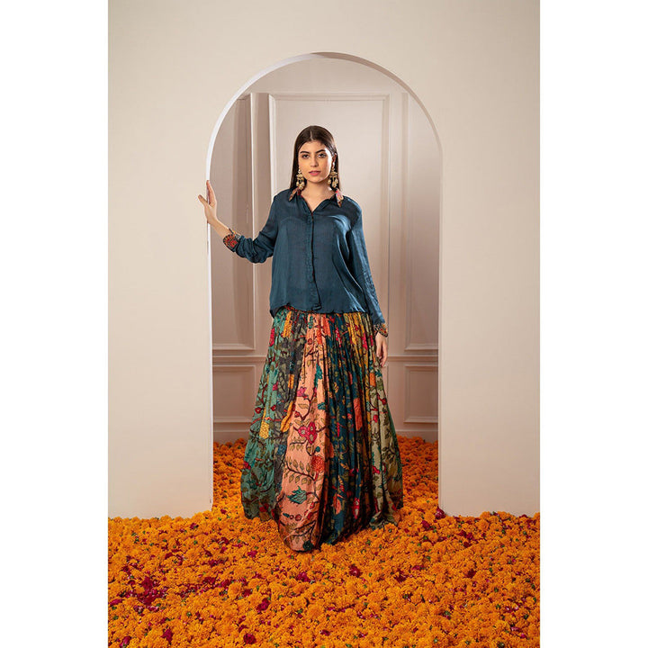 RIYAASAT Blue Shirt and Multi-Colored Semi Silk Printed Indo Western Skirt (Set of 2)