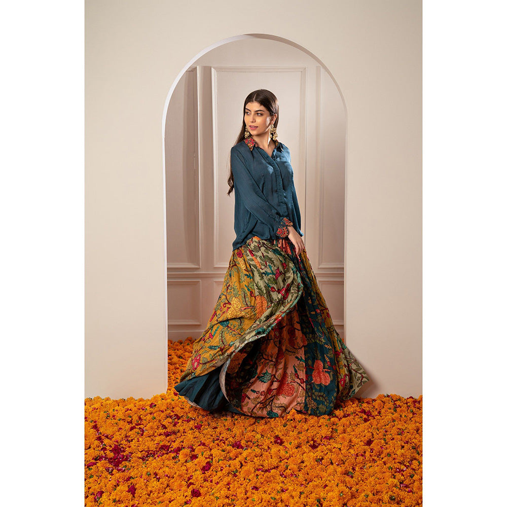 RIYAASAT Blue Shirt and Multi-Colored Semi Silk Printed Indo Western Skirt (Set of 2)