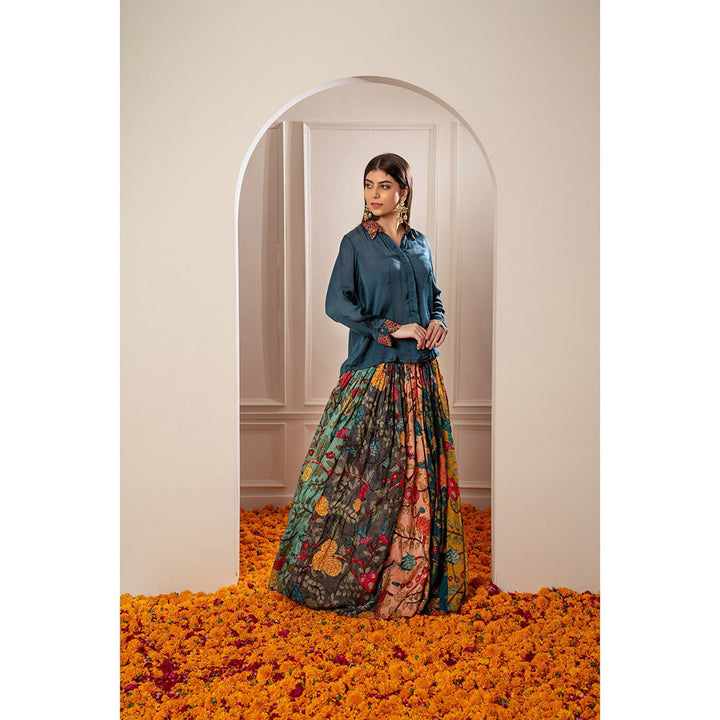 RIYAASAT Blue Shirt and Multi-Colored Semi Silk Printed Indo Western Skirt (Set of 2)