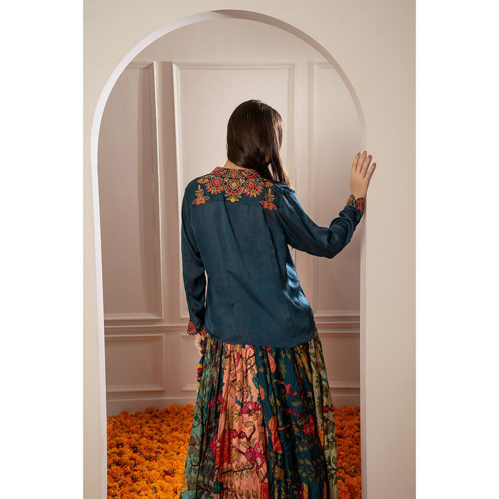 RIYAASAT Blue Shirt and Multi-Colored Semi Silk Printed Indo Western Skirt (Set of 2)