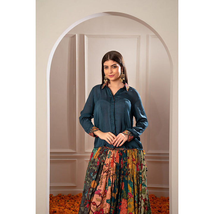 RIYAASAT Blue Shirt and Multi-Colored Semi Silk Printed Indo Western Skirt (Set of 2)