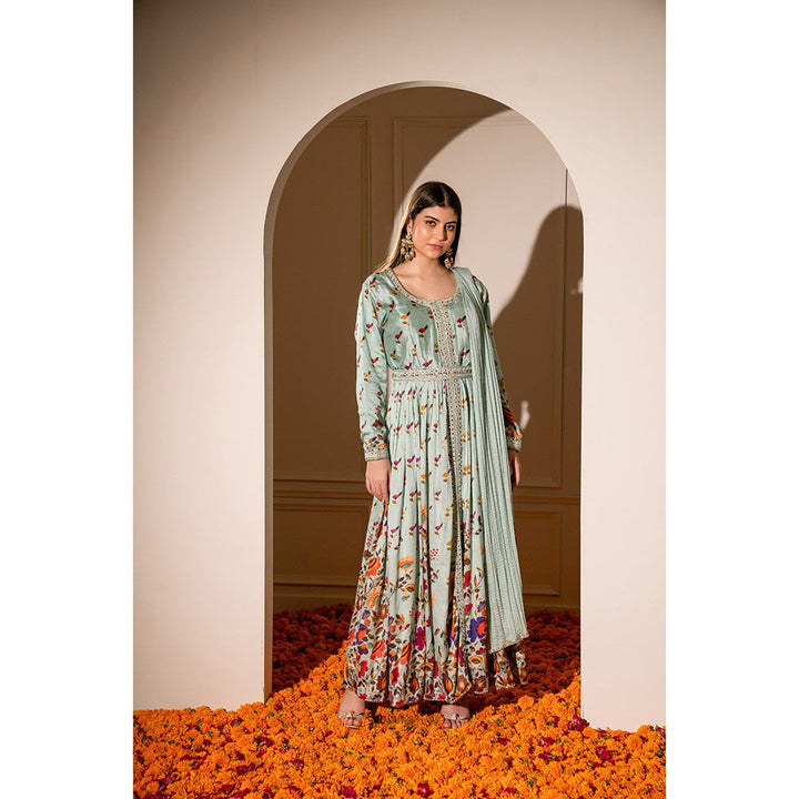 RIYAASAT Teal Soft Silk Printed Gown with Intricate Mirror Work (Set of 2)