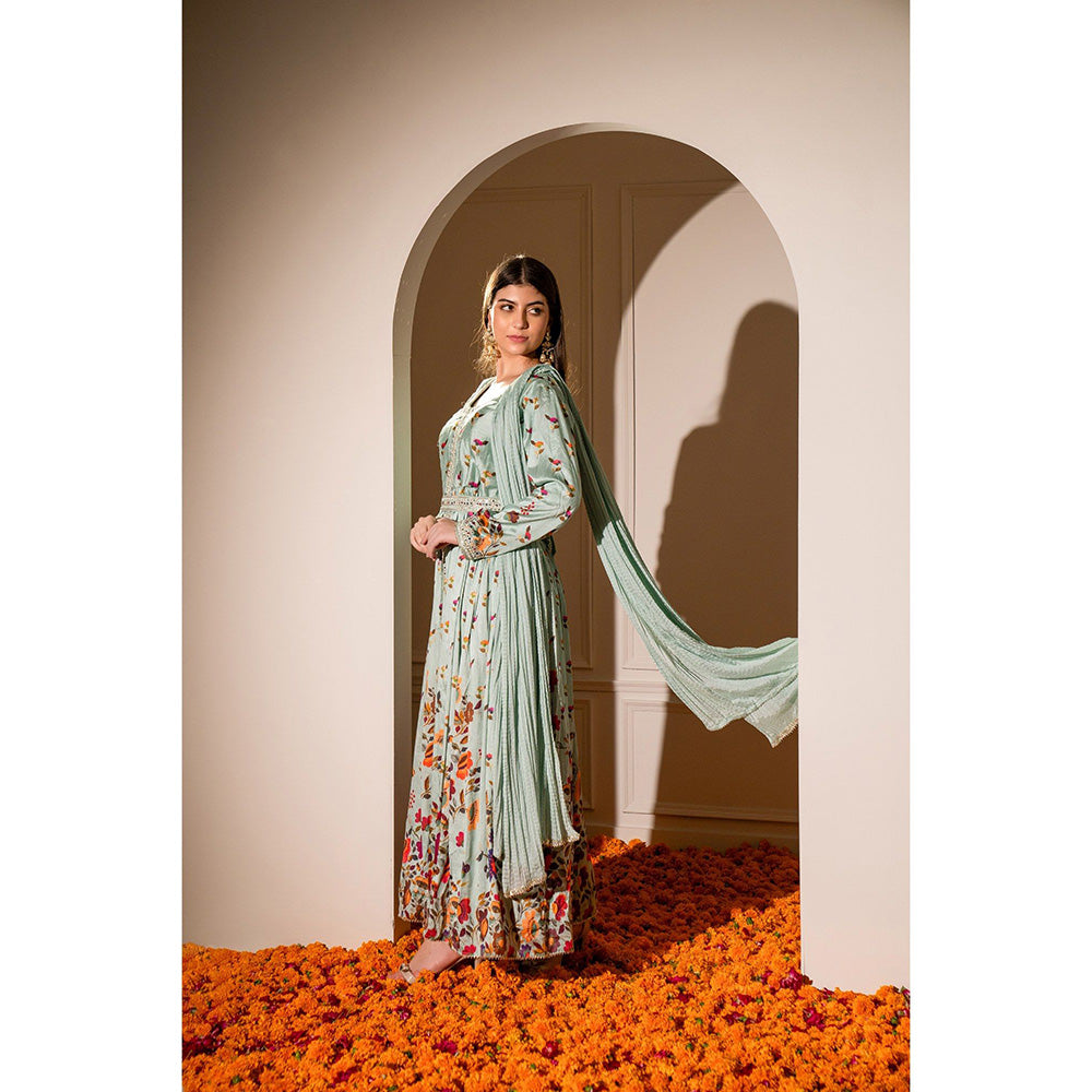 RIYAASAT Teal Soft Silk Printed Gown with Intricate Mirror Work (Set of 2)