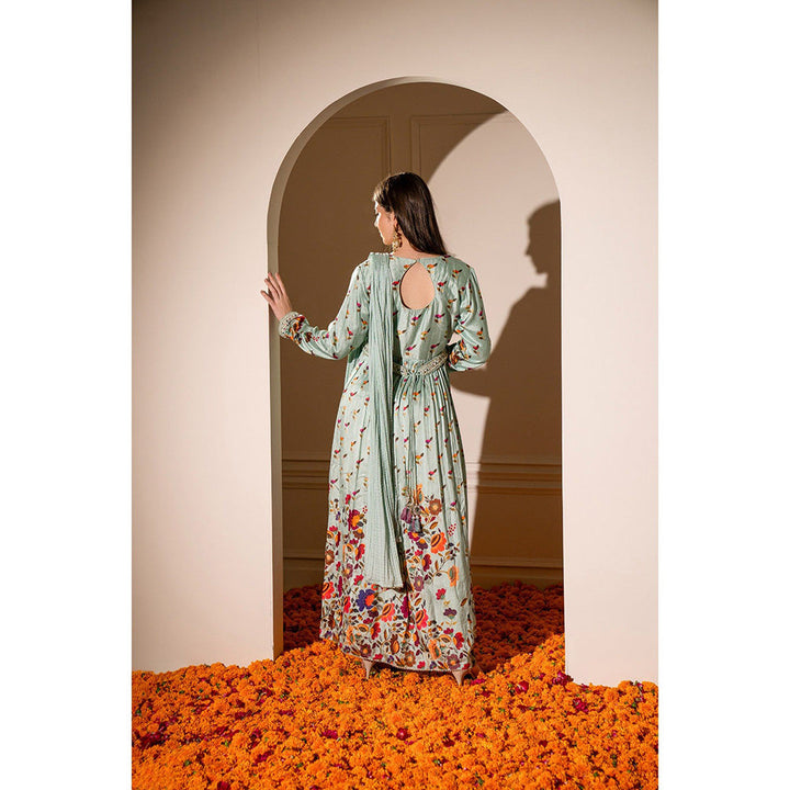 RIYAASAT Teal Soft Silk Printed Gown with Intricate Mirror Work (Set of 2)