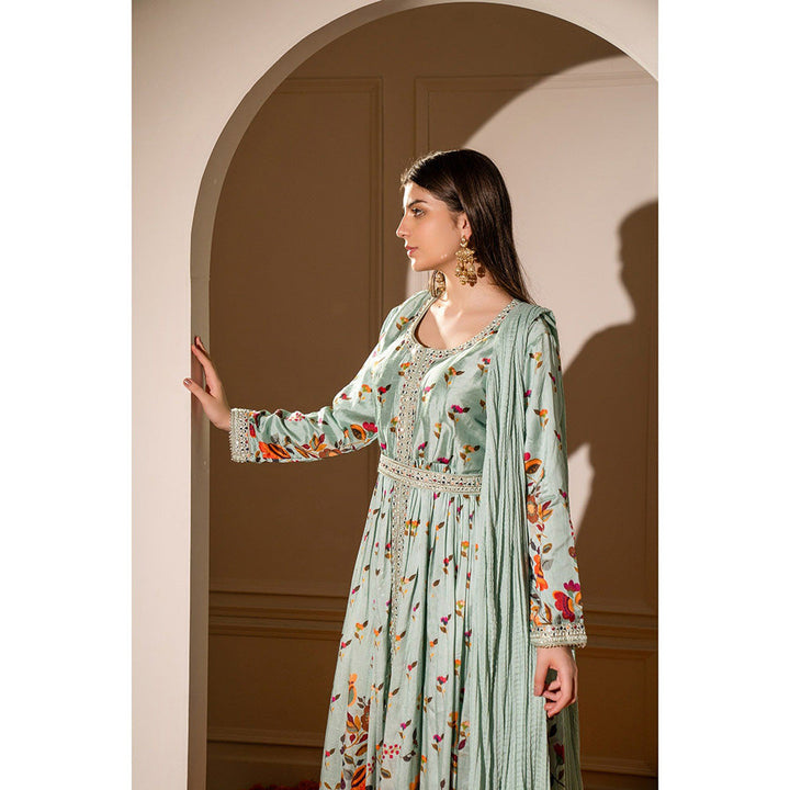 RIYAASAT Teal Soft Silk Printed Gown with Intricate Mirror Work (Set of 2)