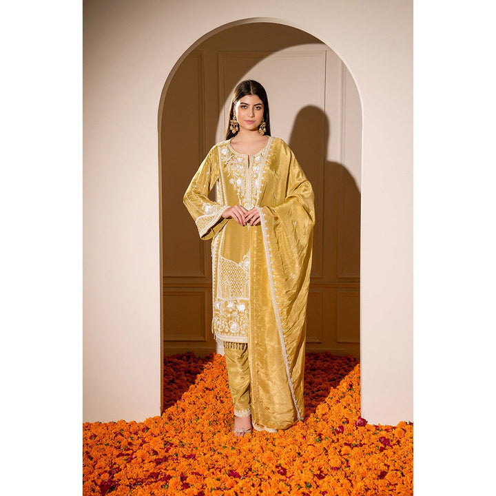 RIYAASAT Mustard Yellow Satin Silk Hand Embroidered Kurta with Pant and Dupatta (Set of 3)