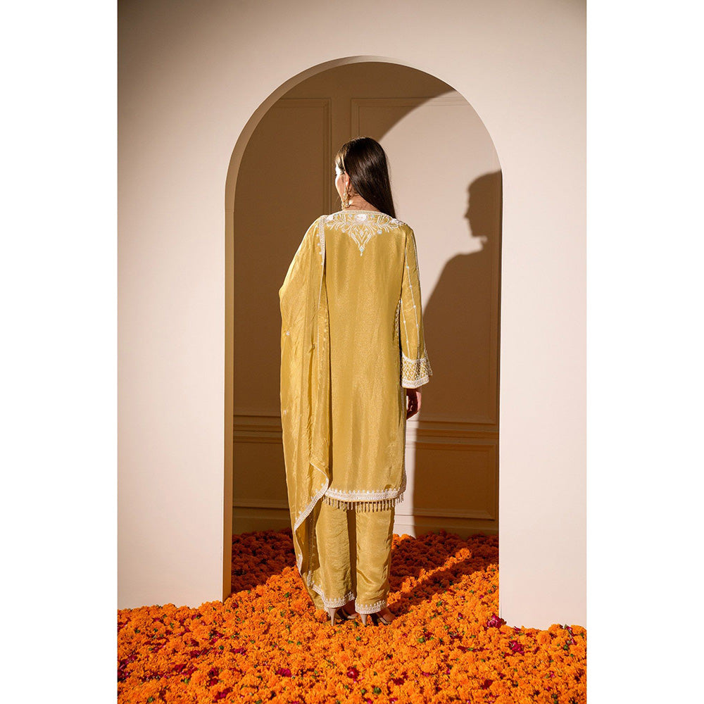 RIYAASAT Mustard Yellow Satin Silk Hand Embroidered Kurta with Pant and Dupatta (Set of 3)