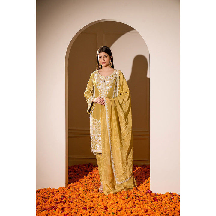 RIYAASAT Mustard Yellow Satin Silk Hand Embroidered Kurta with Pant and Dupatta (Set of 3)