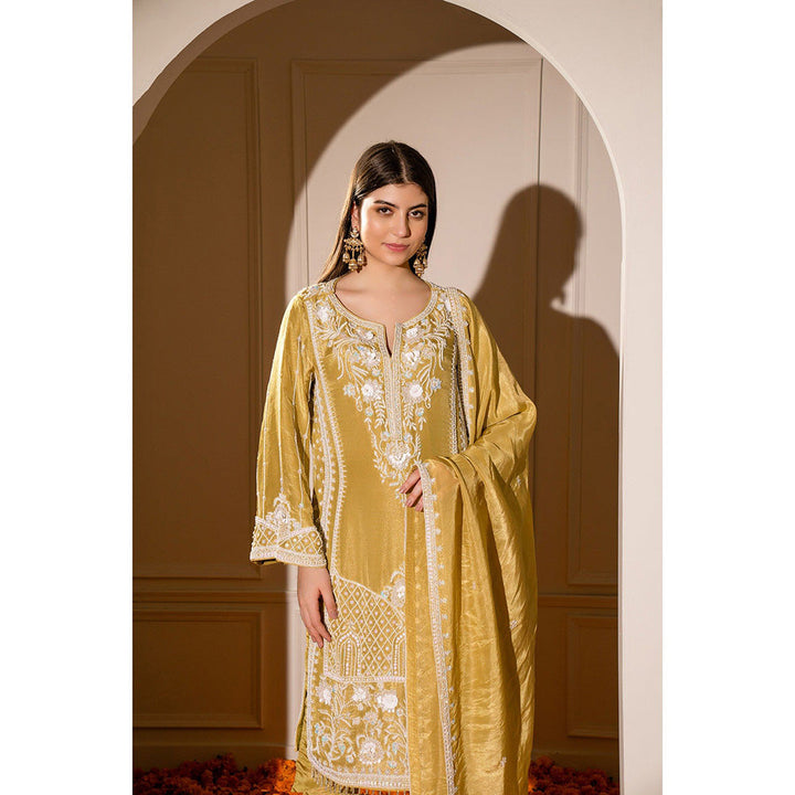 RIYAASAT Mustard Yellow Satin Silk Hand Embroidered Kurta with Pant and Dupatta (Set of 3)