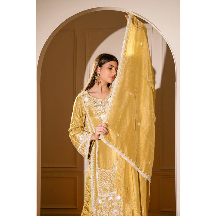 RIYAASAT Mustard Yellow Satin Silk Hand Embroidered Kurta with Pant and Dupatta (Set of 3)