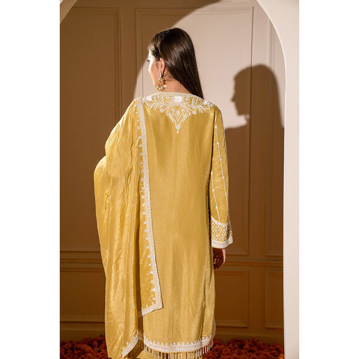 RIYAASAT Mustard Yellow Satin Silk Hand Embroidered Kurta with Pant and Dupatta (Set of 3)