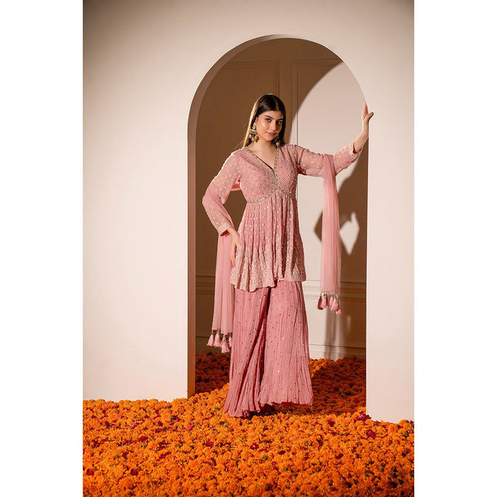 RIYAASAT Pink Georgette Sequinned Indo Western Kurta with Palazzo and Dupatta (Set of 3)