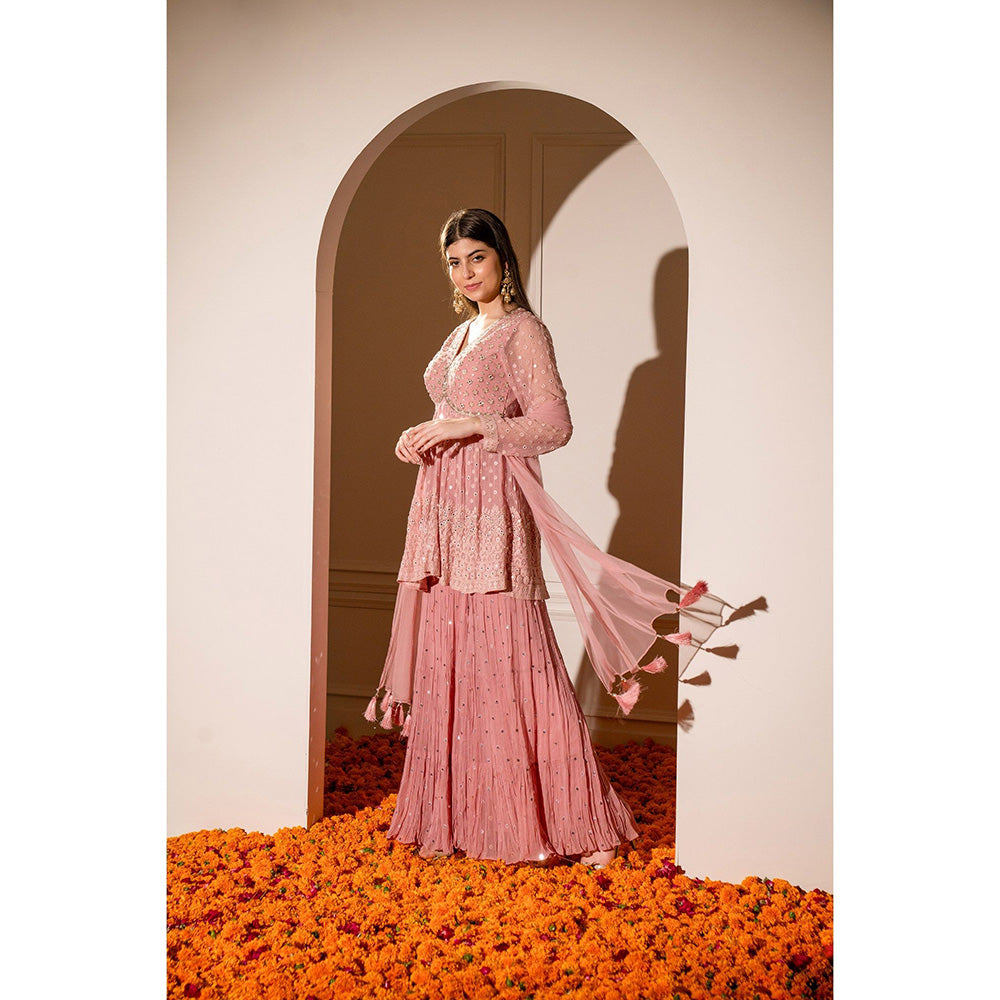 RIYAASAT Pink Georgette Sequinned Indo Western Kurta with Palazzo and Dupatta (Set of 3)