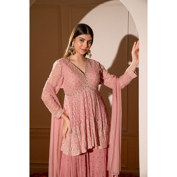 RIYAASAT Pink Georgette Sequinned Indo Western Kurta with Palazzo and Dupatta (Set of 3)