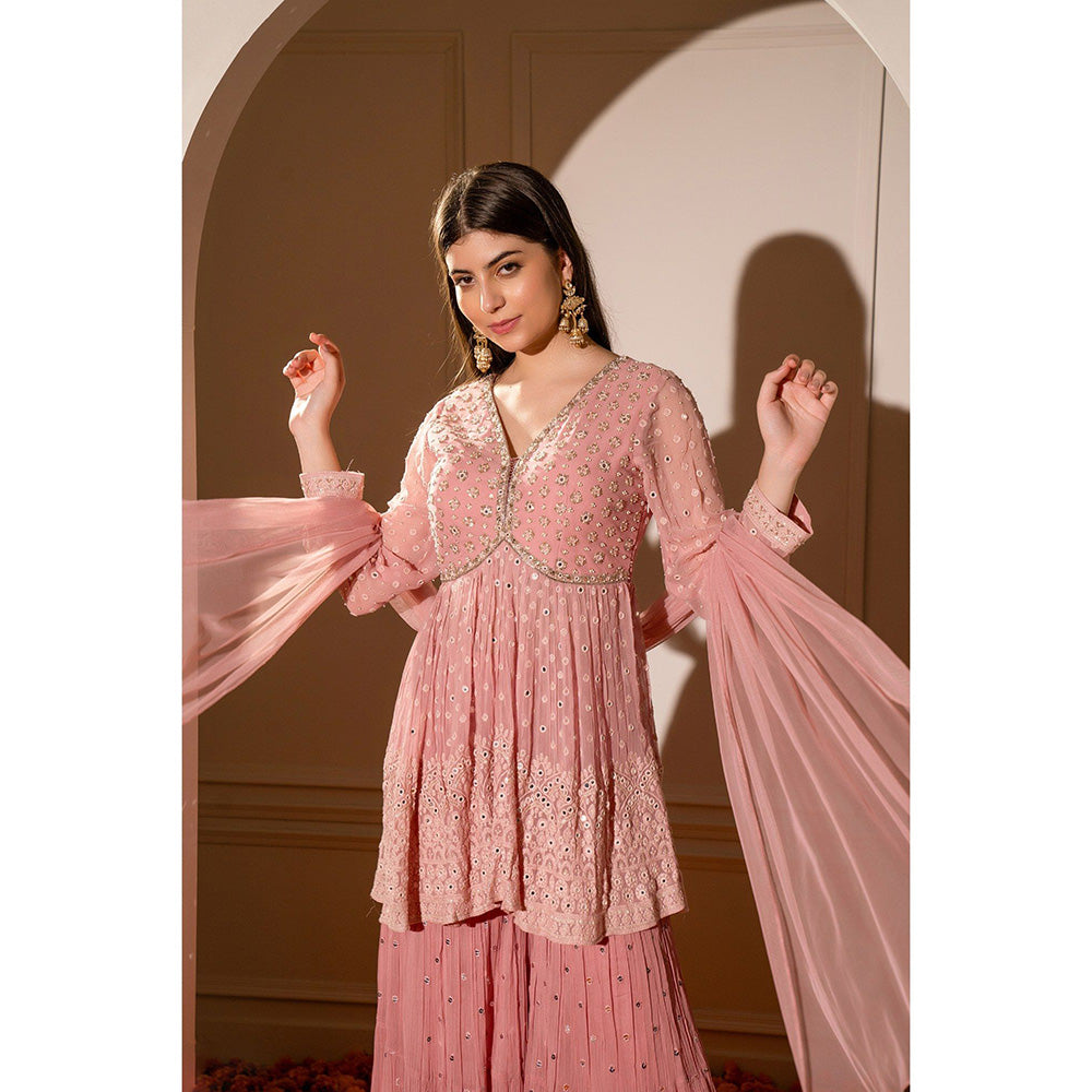 RIYAASAT Pink Georgette Sequinned Indo Western Kurta with Palazzo and Dupatta (Set of 3)