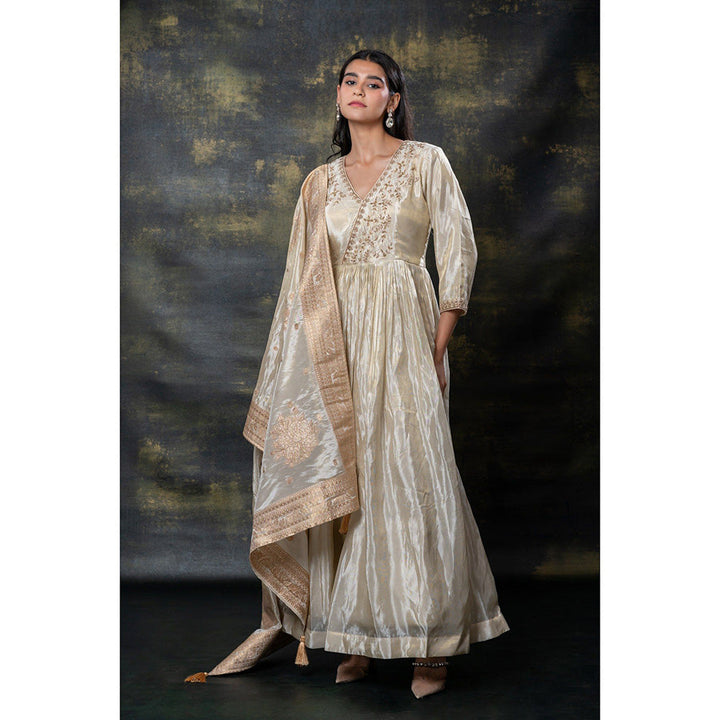 RIYAASAT Ivory Satin Silk Zari Embroidered Gown with Dupatta (Set of 2)