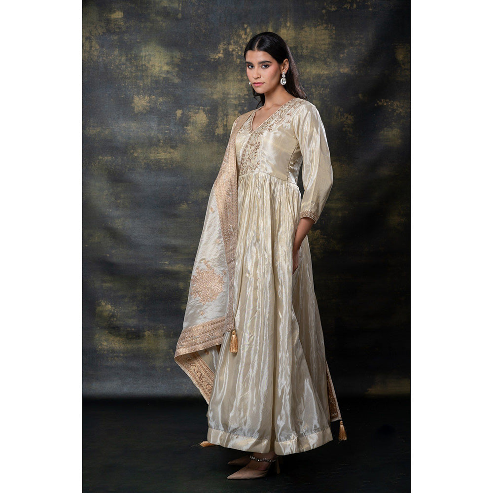 RIYAASAT Ivory Satin Silk Zari Embroidered Gown with Dupatta (Set of 2)