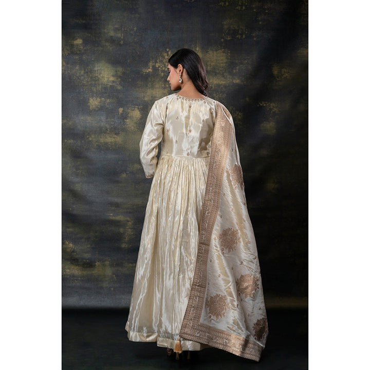 RIYAASAT Ivory Satin Silk Zari Embroidered Gown with Dupatta (Set of 2)