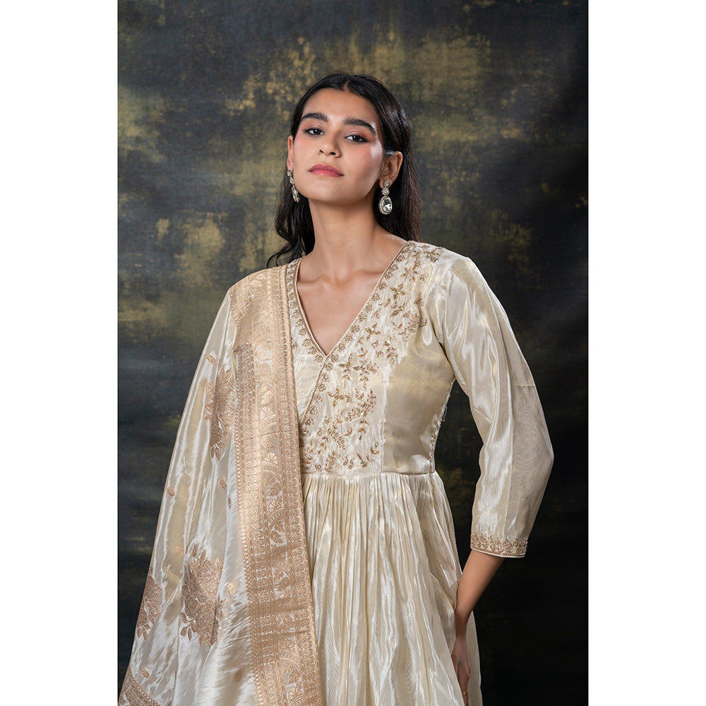 RIYAASAT Ivory Satin Silk Zari Embroidered Gown with Dupatta (Set of 2)