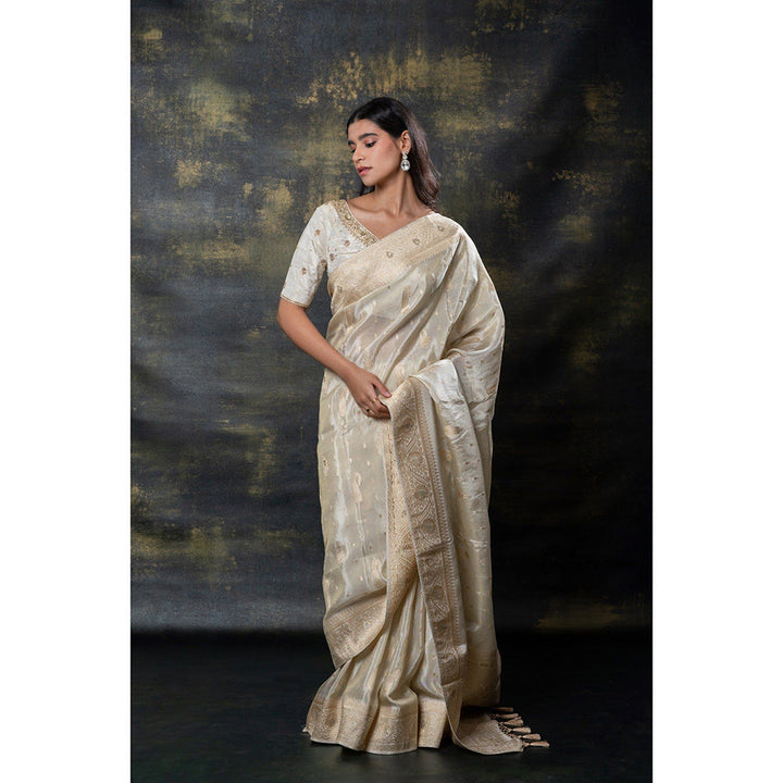 RIYAASAT White Banarasi Silk Tissue Hand Work Saree with Stitched Blouse