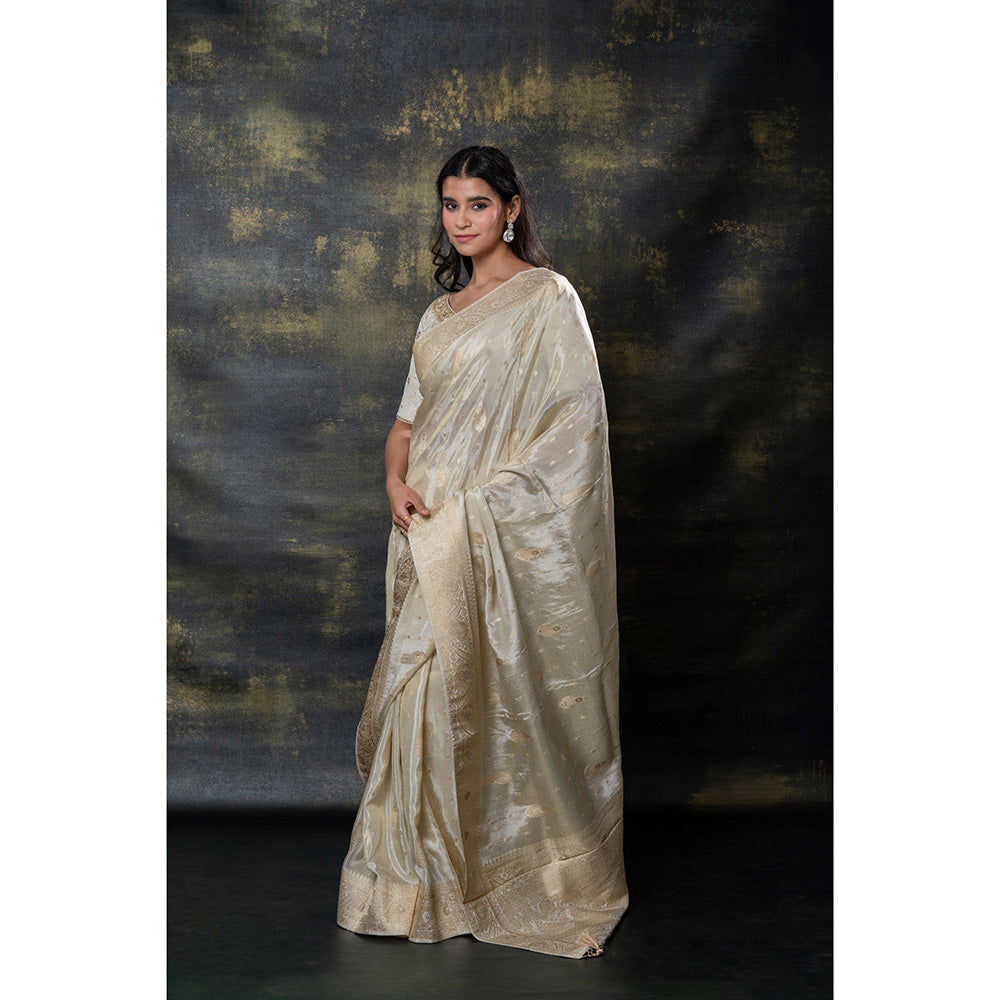 RIYAASAT White Banarasi Silk Tissue Hand Work Saree with Stitched Blouse