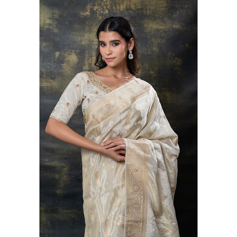 RIYAASAT White Banarasi Silk Tissue Hand Work Saree with Stitched Blouse