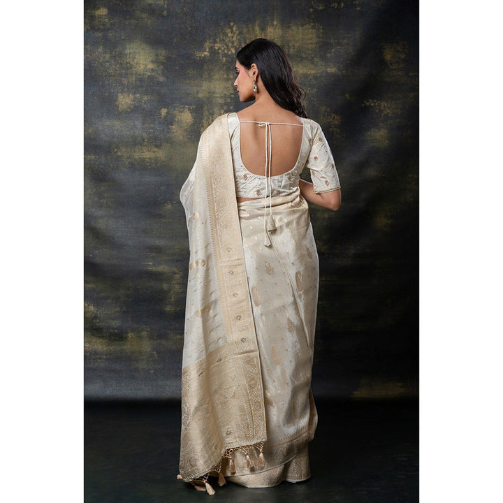 RIYAASAT White Banarasi Silk Tissue Hand Work Saree with Stitched Blouse