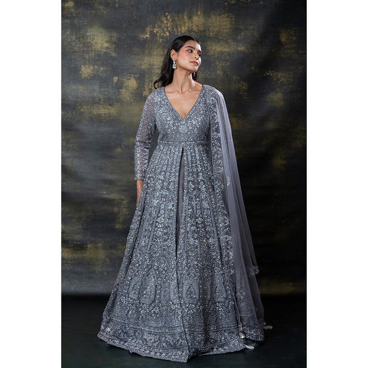 RIYAASAT Grey Heavily Embroidered Net Indo-Western Gown with Dupatta (Set of 2)