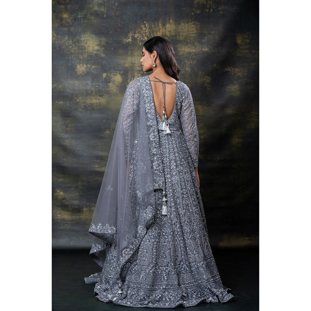 RIYAASAT Grey Heavily Embroidered Net Indo-Western Gown with Dupatta (Set of 2)