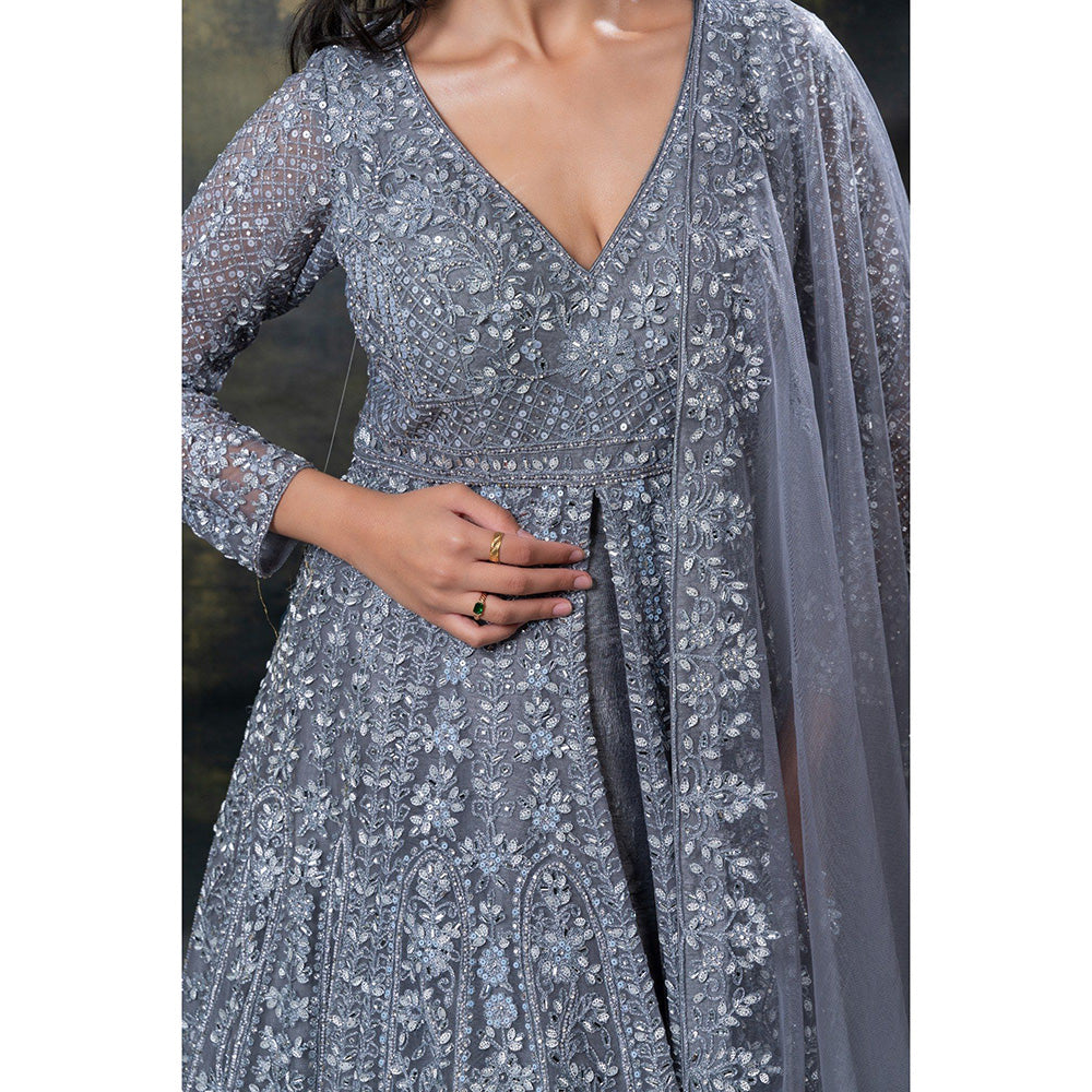 RIYAASAT Grey Heavily Embroidered Net Indo-Western Gown with Dupatta (Set of 2)