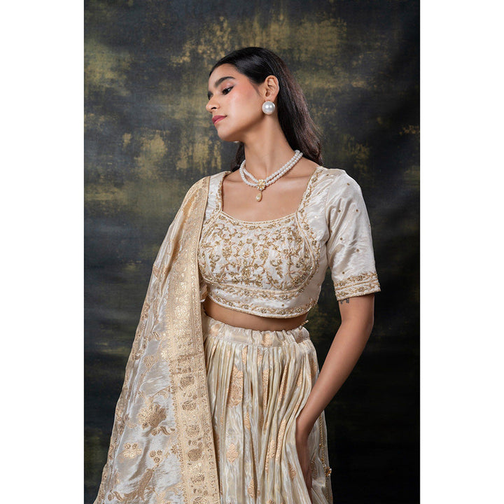 RIYAASAT Beige Banarasi Soft Silk Machine Work Lehenga with Blouse and Dupatta (Set of 3)