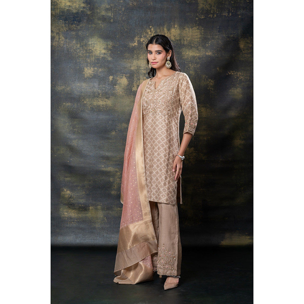 RIYAASAT Brown Sequins and Zari Embellished Soft Silk Kurta with Pant and Dupatta (Set of 3)