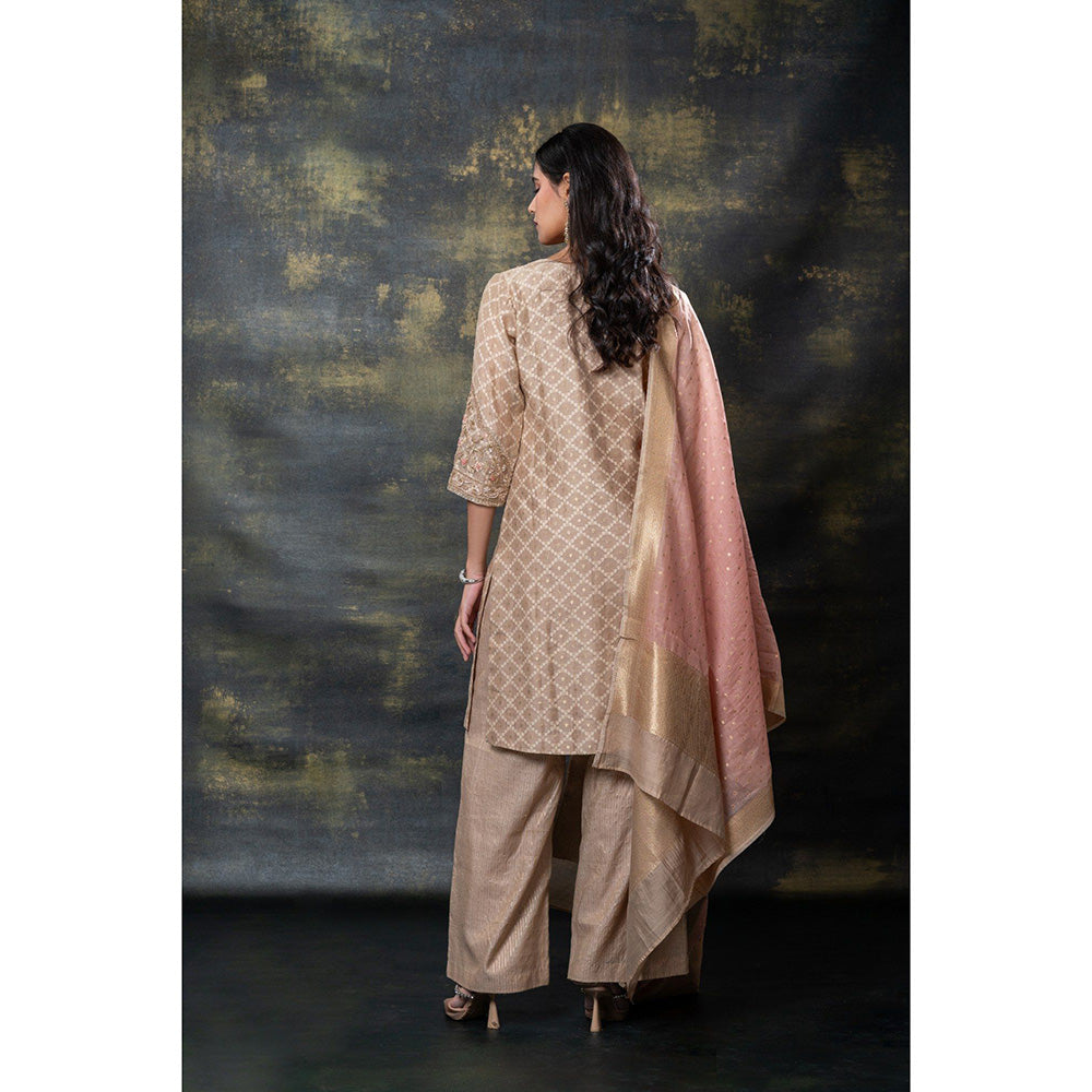 RIYAASAT Brown Sequins and Zari Embellished Soft Silk Kurta with Pant and Dupatta (Set of 3)