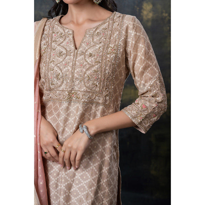 RIYAASAT Brown Sequins and Zari Embellished Soft Silk Kurta with Pant and Dupatta (Set of 3)